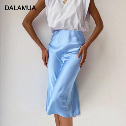 Women Skirt Satin Soft Elegant Office Lady Outfits High Waist A-Line Solid Color 2021 Spring New Fashion Female Skirts Mid-Calf