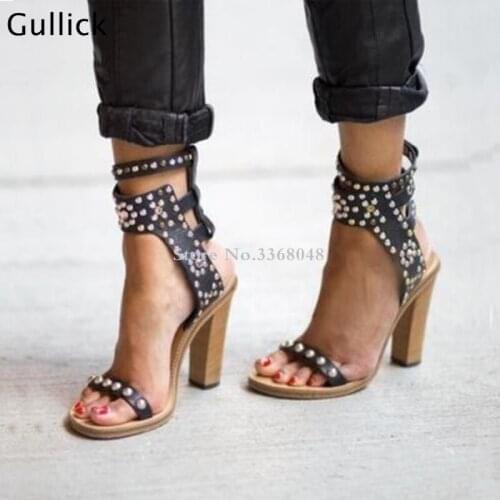 Mixed Colors Rivets Studded Punk Style High Heel Women Sandals Elegant Chunky Heel Ankle T Tied Women Crystal Flowers Shoes