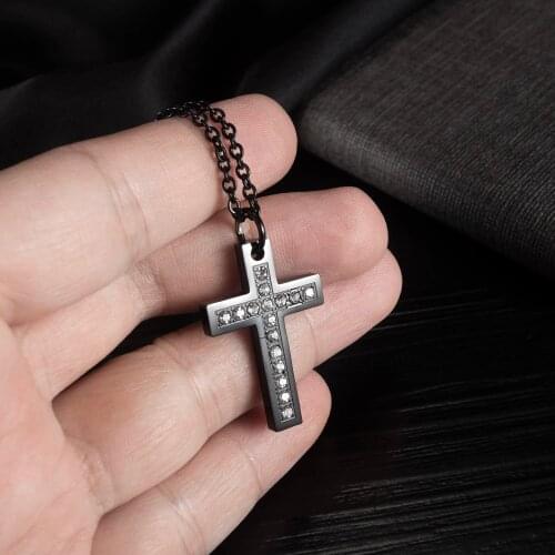 Women Mens Religious Jewelry Personality Cubic Zirconia Retro Cross Pendant Stainless Steel Necklace Chain 20 Inch Silver/ Black
