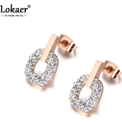 Lokaer Jewelry Rose Gold Color Stainless Steel White Clay Crystals Stud Earrings For Girls Women boucle d'oreille E18047