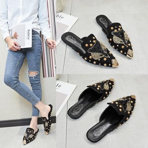 Womens Mules Shoes Fashion Pointed Toe Flats with Embroidered Fox Pattern