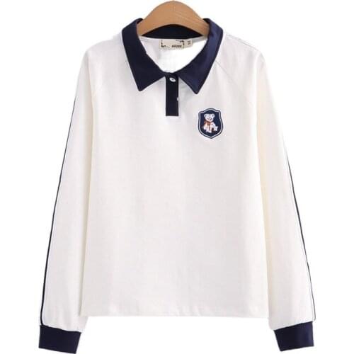 Harajuku Bear Embroidery Cute Pullover Sweatshirt Women 2021 Autumn Full Sleeve Turndown Collar Korean Ladies Graphic Kawaii Top