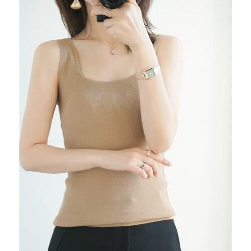 100% Pure Cotton Summer New Vest Woman Square Neck Pullover Slim Knit Bottoming Suspender T-shirt Free Shipping