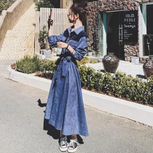Blue French Retro Long-Sleeved Shirt Dress Female 2021 Spring New Temperament Was Thin Hepburn Platycodon Long Skirt Commute C10
