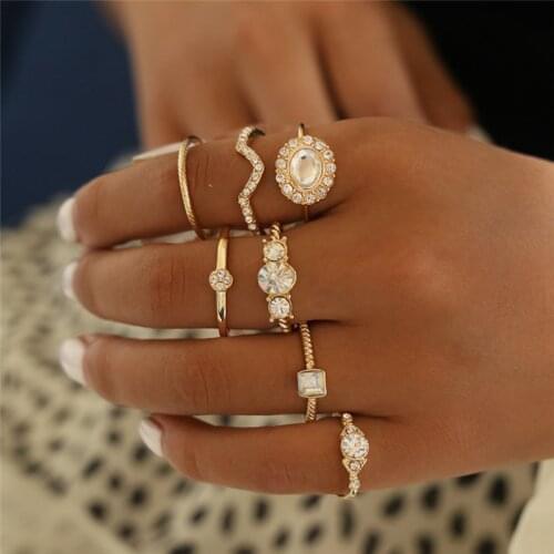 7 Pcs/Set Simple Gold Color Crystal Gem Midi Finger Ring Set for Women Boho Nuckle Party Rings Punk Jewelry Gift