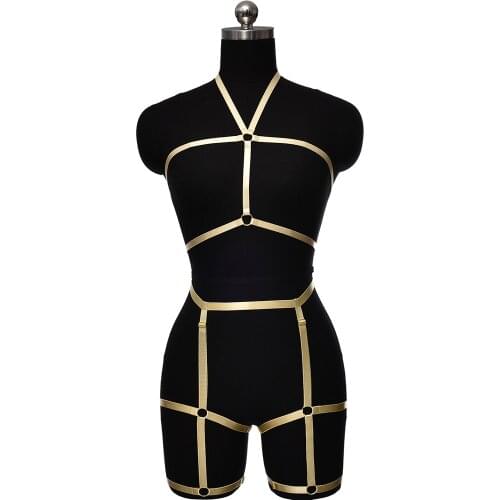 Punk Goth Bondage Body Harness Suit Women Rave Stockings Garters Pole Dance Wear Cage Bra Elastic Harness Lingerie