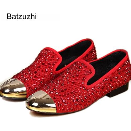Batzuzhi Red Slip-on Mens Shoes Rhinestones Decoreation Metal Toe Mens Dress Shoes Leather Casual/Wedding/Party Shoes Men