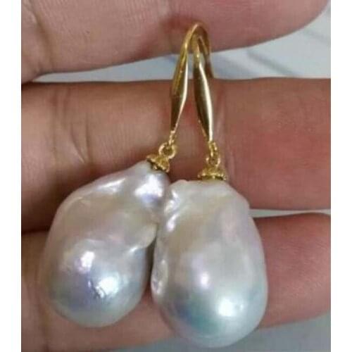 Free shipping >noble jewelry AAA 19x13mm South Sea White Baroque Pearl Earrings 14K YELLOW GOLD Earrings>>earrings