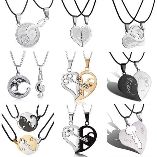 Trendy Splice 2 PCS/Set Cat Moon Heart Pendant Necklace For Couple Stainless Steel Family Best Friend Women Unique Jewelry Gifts