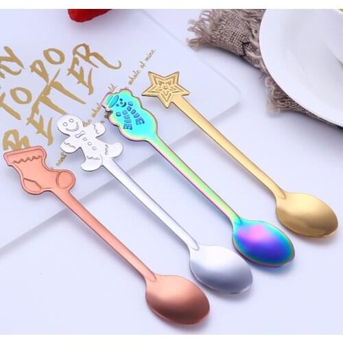 Raibow Teaspoon Christmas Spoon Rose Gold Coffee Spoon Creative Xmas Dinnerware Honey Dessert Tea spoons set Black Cutlery 4pcs