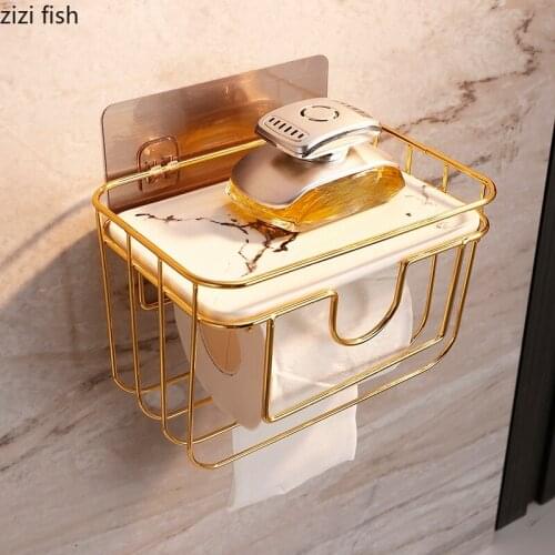 European Toilet Roll Holder Wall-mounted Metal Marble Rack Free Punching Household Wall-mounted Paper Towel Rack Bathroom Rack