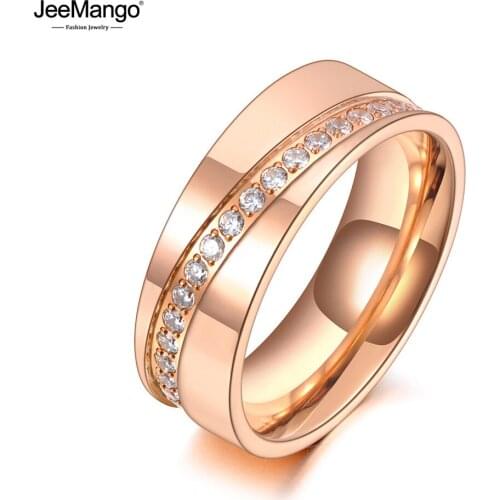 JeeMango Sparkling Titanium Steel Mosaic Rhinestone Geometry Rings Trendy Rose Gold CZ Crystal Wedding Ring For Women JR20034
