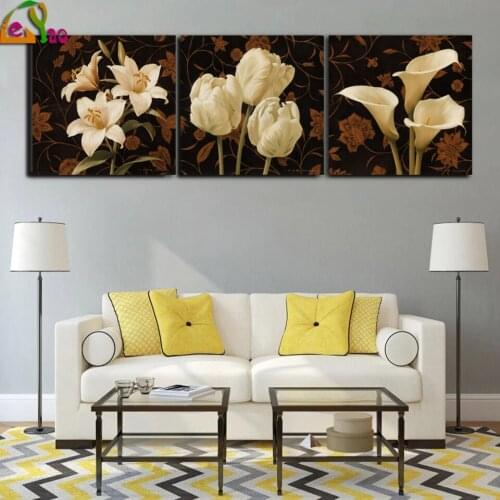 3 pcs Full Square round diamond painting Tulip lily Triptych flower mosaic sale diamond Embroidery living room decor gift