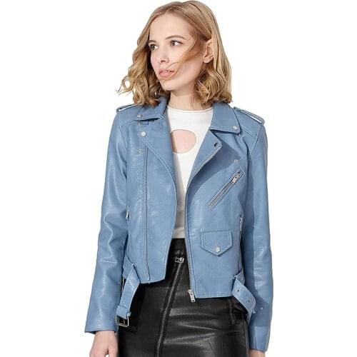 Ailegogo New Spring Autumn Women Pu Faux Leather Jacket Short Biker Fashion Bright Colors Black Motorcycle Coat Soft Outwear