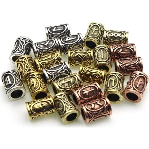 24pcs/lot Runes Metal Large Hole Beads Viking Jewelry Bead For Hair Beard Braided Charms Bracelet Making Jewelry Craft Supplies
