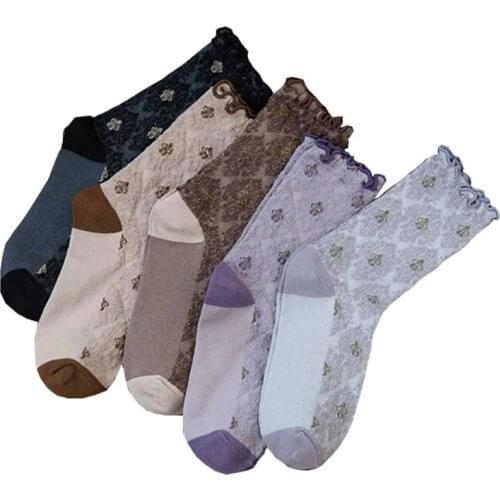 5 Pairs Socks Women Set Retro Winter Diamond Floret Korean Fashion Cotton Ruffle Breathable Soft Girl Middle Tube High Quality