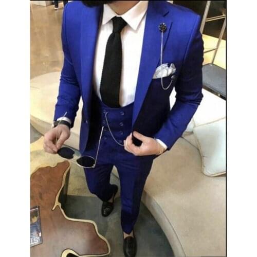 2021 New Royal Blue Mens Suits 3 Pieces Formal Business Blazer Tuxedos Peak Lapel For Wedding Groom Man ( Jacket+Vest+Pants)