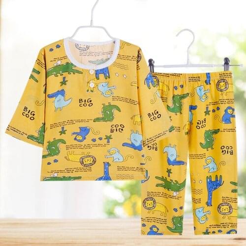 New 2021 Kids Boys Girls Summer Pajama Sets Cartoon O-Neck Breathable T-Shirt Tops with Pants Baby Toddler Sleeping Clothes Set