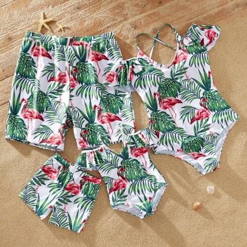PatPat 2021 New Summer Family Look Flounce Sleeve Flamingo and Leaf Print One-piece Matching Swimsuits