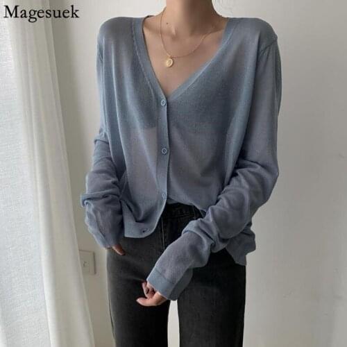 Casual V Neck Womens Shirts Ice Silk Knitted Summer Blouse Korean Long Sleeve Cardigan Thin Cropped Tops Blusas Mujer 13482