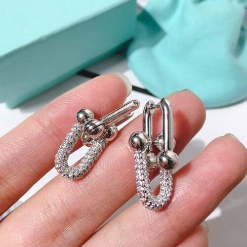 Luxury Austria Crystal Sliver color Wedding Jewelry Stud Earrings for Women U Shaped Fit Female Earrings for Gift