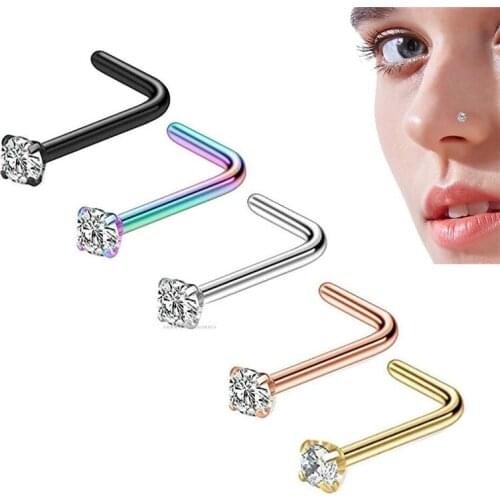 Nose Studs Straight Pin Bone L- Shape Clear Gem Piercing Stainless Steel 2mm