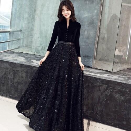 V-neck Sequins Chinese Oriental Wedding Female Long Sleeve Cheongsam Vintage Evening Dress Elegant Celebrity Banquet Dresses