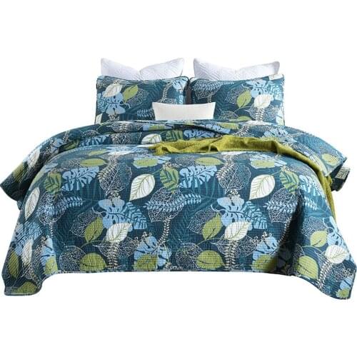 Quality Bedspread Quilt Set 3pcs Quilted Cotton Bed Cover 2 Shams Queen Size Blue Printed Coverlet Summer Blanket on Bed