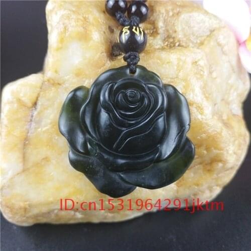 Jewelry Natural Amulet Carved Men for Rose Jade Pendant Accessories Green Necklace Obsidian Black Charm Chinese Flower Gifts