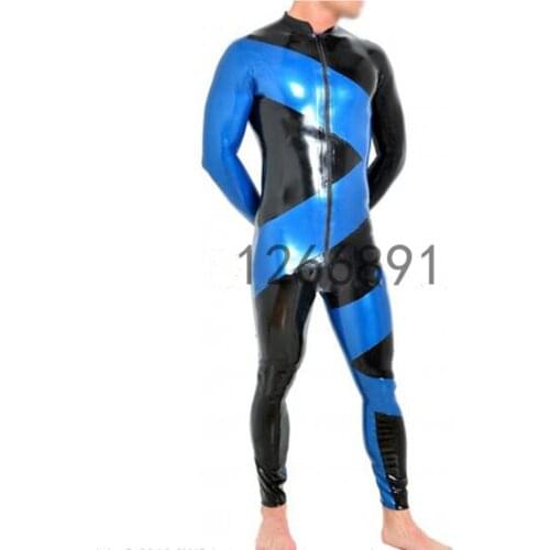 Pearl Blue with Black latex catsuit rubber body suit With front to crotch zip Long sleeves Rubber zentai Jumpsuit overall