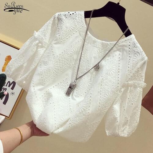 Floral Short Sleeve Lace Shirt Women 2021 Korean Summer Shirts White Fashion New Blouse Women Tops Clothing Chemise Femme 13439