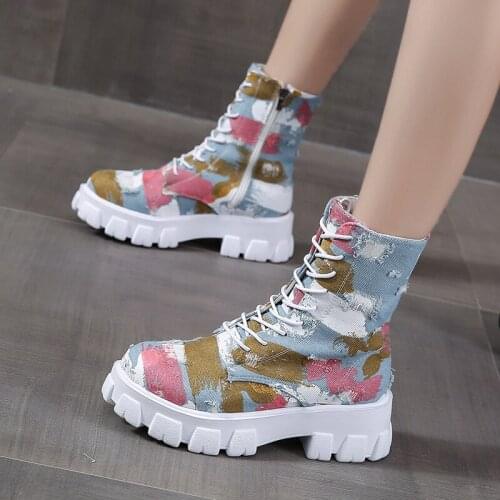 New Denim Women Boots Ladies Chunky Heel Platform Round Toe Shoes Denim Ankle Women Boots Jeans Casual Lace Up Boots