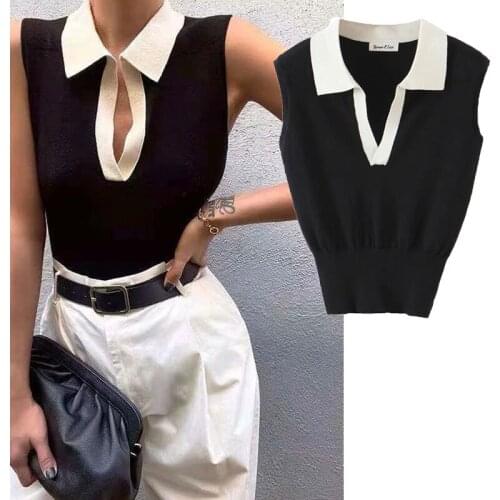 Nlzgmsj Za Women 2021 Black Fashion Autumn Knitted Sweater Vintage Lapel Collar Sleeveless Female Pullovers Chic Tops 202107
