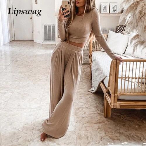 Women Casual Knitted Rib Two-Piece Sets 2020 Autumn Ladies Long Sleeves Tops&Long Pants Elegant O-Neck Solid Color Leisure Suit