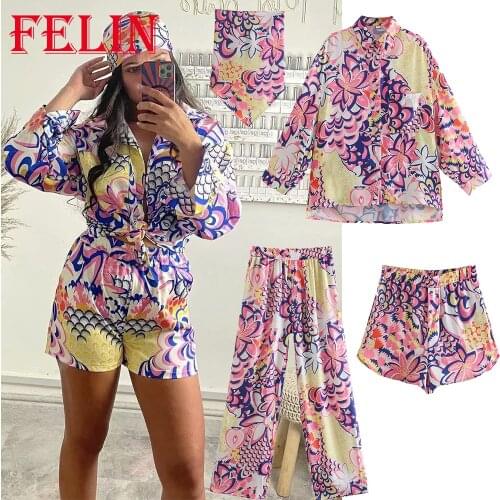 Women Boho Suits Chic Pink Floral Stain 2 Pieces Sets Oversized Long Shirts and High Waist Wide Leg Shorts Vintage Women Sets