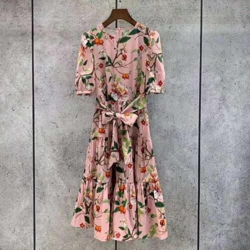 Cotton Runway Fashion 100% 2021 Summer Womens Lantern Sleeve Pink Flower Print Elegant Party Dress Wiht Belt