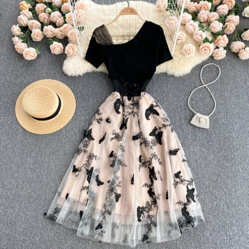 2021 New Summer Vestidos Womens Diagonal Collar Fashion Temperament Stitching Bandage Waist Slimming Mesh Midi Dress DK741