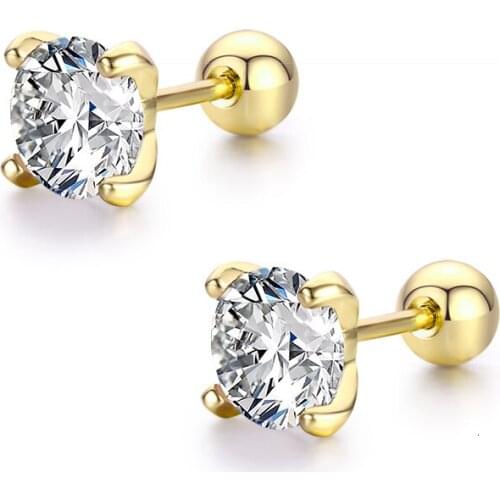 4Colors Cute Round Cut CZ Stone Screw Back Stud Earrings For Women Baby Kids Girls Gold Color Piercing Jewelry Oorbellen Aros