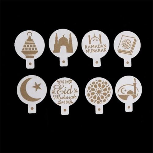 8pcs/set White Plastic Coffee Printing Template Spray Stencil Eid Mubarak Ramadan Fondant Cake Biscuits Decoration Tools