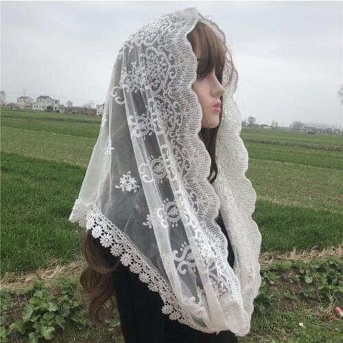 White Womens Lace Catholic Veil Mantillas for Church Head Covering Mass vela negra Voile Dentelle Shawl Scarf