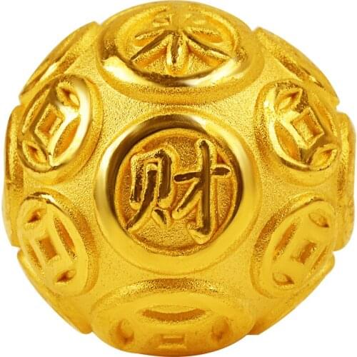 Best 24K Yellow Gold Beads 3D Hard Gold Round Carved Coin Loose Beads