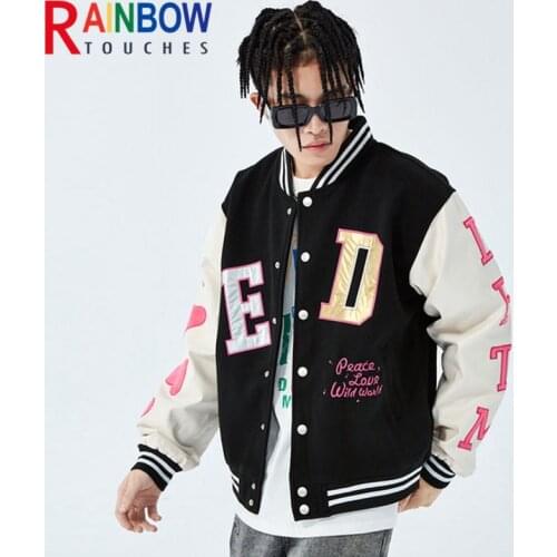 Rainbowtouches High Street Heart Letter Embroidery Print Single Breasted Side Pockets Couple Baseball Jacket Superior Quality