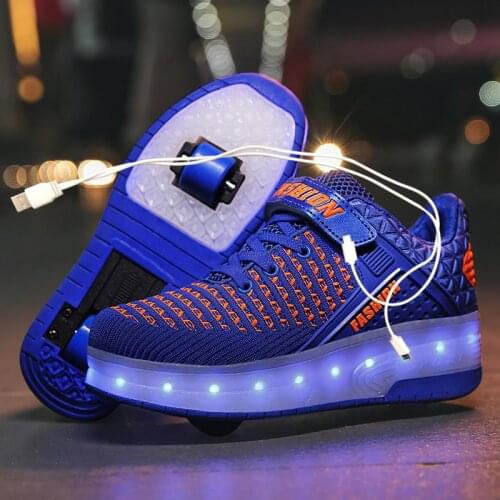 Two White LED usb charging roller shoes Blue Pink light up luminous sneakers with wheels kids rollers skate shoes for boy girls