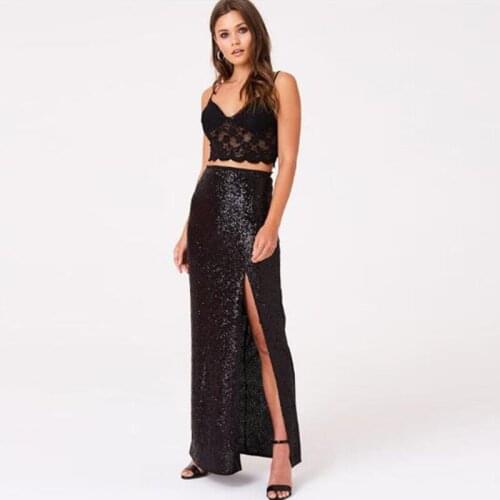 Elegant Black Mermaid Skirt 2019 Shiny Sequin Sexy Side Slit Maxi Skirts for Women Bling High Waist Long Skirt Custom Fashion