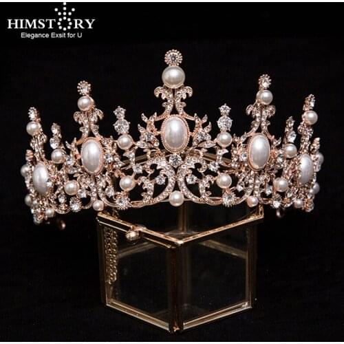 HIMSTORY Elegance Rose Gold Pearls Wedding Crowns Headpieces Bridal Tiaras Headbands Wedding Hair Accessory Prom Headdress