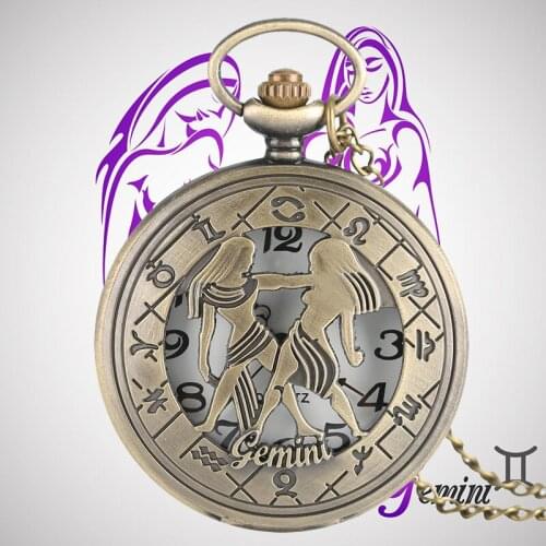 Gemini Zodiac Stylish Necklaces Quartz Pocket Watches Constellations Vintage Pendants Jewelry Men Women Children Birthday Gifts