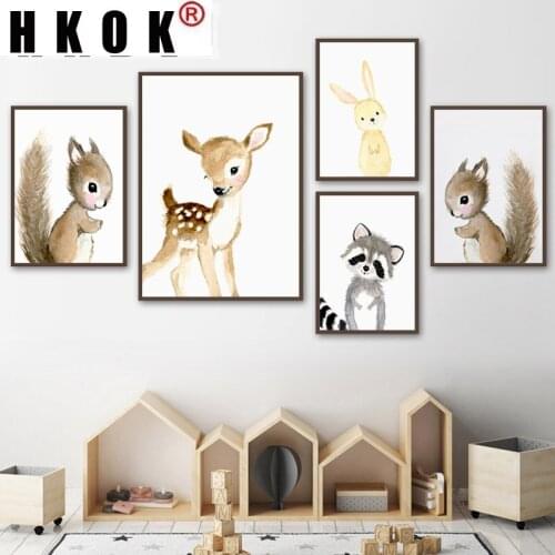 HKOK Abstract Canvas Paintings Posters Prints Deer Squirrel Civet cat Baby Animal Sofa Wall Art Pictures Home Decor Living Room