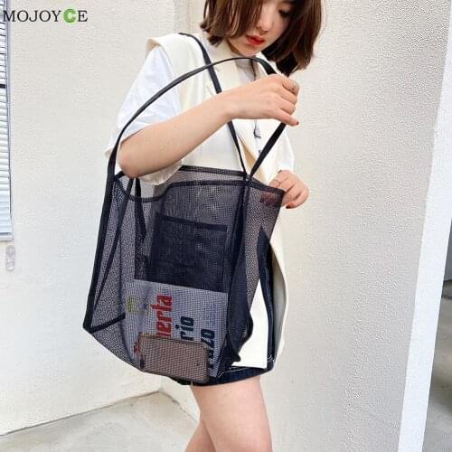 Fashion Mesh Solid Color Hollow Shopping Bag Casual Women Large Tote Handbags Eco-friendly Reusable Grocery Shopping Bag