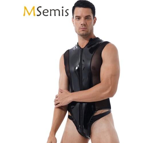 Mens Lingerie Double Zipper High Cut Thong Leotard Bodysuit Shiny Metallic Patent Leather Clubwear for Party Stage Performance