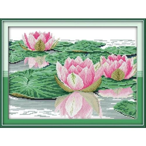 Beautiful Lotus Flowers Canvas Cross Stitch Kits 100% Accurate Printed Embroidery DIY Handmade Needle work Wall Home Decor